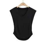 Trend Women's Vest Loose V-Collar Arc Hem Small Flying Sleeves Short Sleeves Solid Color Slim Pullover Pullover-Outfit