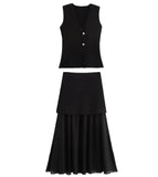 Fongt Women's ZA New Multi-Color Button Knitted Vest Vest Half-Skirt Set