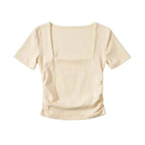 Trendy Women's T-Shirt Slim Style Square Collar Wrinkled Candy Color Short-Sleeved Elastic Blouse-Outfit