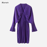 2021 New-Coming Spring Solid Draped V-Neck Empire Flare Sleeve Women Dresses High Street Style Knee-Length