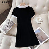 Summer Basics High Street Short Sleeve Turn-Down Collar Patchwork Golf Dresses Women's Causal High Waist Knitting