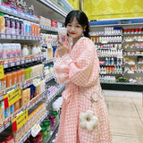 Plaid Spring Woman kawaii Dress O Neck Pullover Japan Dresses for Women Puff Long Sleeves