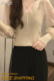 Autumn 2023 Chiffon Splicing Knitted Pullovers for Women 2023 New Office Lady Shirt Women's Clothing Chic T-Shirt