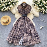 Fongt 2025 New Clip Short Sleeves Lightly Knee Vintage Printed Dress Elegant Waist Grand Slap