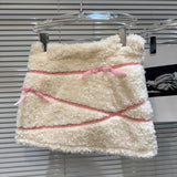 White Plush Faux Fur Pink Stripe Mini Skirt-Outfit