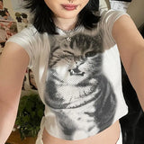 Fongt Style Cat Print Short-Sleeved T-Shirt Women's New Round Collar Retro Basic Versatile Slim Top-Outfit