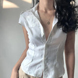 Fongt Style Simple Solid Color Pocket Short-Sleeved Shirt Female Polo Collar Single Breasted Waist Show Thin Top-Outfit