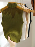Knitted Top Women Y2K Tank Top Half Neck Vest Female Sleeveless Sweater Chic Cut Out Streetwear Solid Skinny White Tube-Outfit