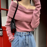 Feminino Off Shoulder Slash Neck Sweater Women Long Sleeve Knitwears Spring Spring Y2k Clothes Elegant Pullover Tops-Outfit