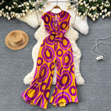 Fongt Ins Wear A Female Senior Sense Sleeveless V-Neck Tie Strap To The Belt Print Loose Broad Legs 100-Folded Jump-Fitting Trousers