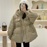 Korean Version Sweet Short Down Jacket Female 2024 Winter New Fashion Draw Rope Design Sense White Duck Down Add Thick Coat-Outfit
