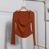 French Style Long-Sleeved T-Shirt Girl Autumn And Winter Collar Folded Folded Body Inside The Bottom Shirt Top