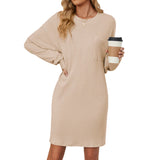 New Round Collar Solid Color Pocket Loose Long-Sleeved Dress Women-Outfit