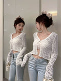 Hollow Out Sweater Shirts Lady Summer Full Sleeve Laced Crocheting Cardigan Thin Short Coats for Slim Woman-Outfit