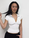 Fongt Style Collar Buckle V-Neck Spliced Chest-Type Umbilled T-Shirt Hottie Temperament Female Casual Top