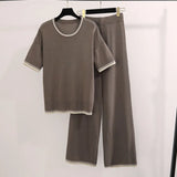 Fongt Simple Fashion Round-Neck Short-Sleeved Knitted Shirt High Waist Thin Trousers Pit Knitted Two-Piece