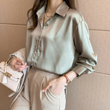 New Long-sleeved Blouse Poplin Solid Lapel Satin Korean Comfortable Top Fashion Blusas Casual Shirt Korean Female