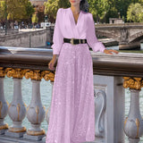 Fongt Buy Through The New Fashion V-Neck Long-Sleeved Shirt Temperament Elegant Waist Display Thin Bright Leg