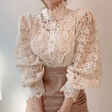 Sleeve Stand Collar Hollow Out Flower Lace Patchwork Shirt Femme Blusas All-match Women Lace Blouse Button White Top