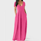 Fongt New Plus-Size Women's Solid Color Dress Sexy Deep V Short-Sleeved Dress-Outfit