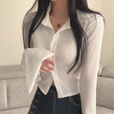 Solid Color Flare Long Sleeve Blouse-Outfit