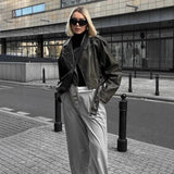 Fongt Women's ZA Autumn And Winter New Slad Zipper Belt Collar Leather PU Jacket