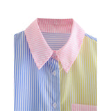 Women‣s Fresh Girlish Style Button Down Oversized Shirts Long Sleeve Striped Print Color Block Loose