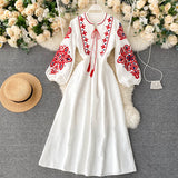Embroidery Flowers Round Collar Lantern Sleeves Wrinkled Loose Show Thin Dress Women-Outfit