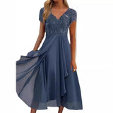 Fongt Station Dress Female Chiffon Stitching V-Neck Lace Dress Bridesmaid Evening Dress