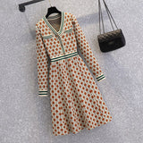 Women Autumn Winter Vintage Plaid Knitted Sweater Dresses 2022 V Neck Striped Patchwork Knitwear Mini Short