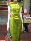 Fongt Chinese White Design Feeling Small Gentle And Comfortable Green Butterfly Flaking Cheongsam Women's Two-Color Dress