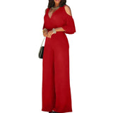 Spring Summer Women Jumpsuit Sexy Hollow Off Shoulder Romper V Neck Half Sleeve Solid High Waisted Belt Wide Leg