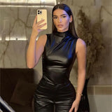 Women Y2K Vintage Pu Simple Basic Tank Top High Waist Skinny Shrunk Slash Cut Sleeveless Tops Versatile Noble Shirts-Outfit