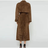 Brown Suede Long Belt Trench Coat-Outfit