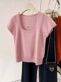 Version Gentle Style Knitted Sweater Women's New Style 2024 Spring And Summer 100 Small Square Collar With Short Sweater Bottomed And Short Sleeves-Outfit