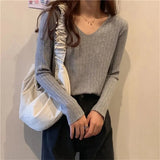 Style Autumn Sweater Women V Neck Long Sleeve Knitted Ribbed Bottoming Sweaters Pullover