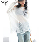 White Gothic Thin Women Pullover Loose Sweater 2022 Lady Hollow Out Hole Broken Streetwear Knit Jumpers Korean