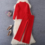 Winter Knitted 2 Piece sets Women's Thick Warm Casual Pullover Sweaters+Wide leg pants Tracksuits Korean
