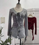 Han's New V-Neck Flower Irregular Lotus Leaf Edge Ribbon Slim Thin T-Shirt Short Top