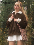y2k Fur Jackets Loose Brown Grunge Fairycore Coat Turn Down Collar Zipper Prepply Sweatshirts Women Chic Outerwear