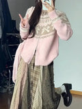Pink Jacquard Bow Knitted Cardigan-Outfit