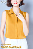 Summer Satin Blouse for Women Polo-Neck Sleeveless Vest Chiffon Shirts OL Womens Tops and Blouses Solid Fashion Ladies