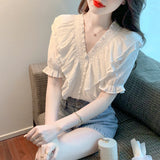 Chiffon Solid Women's Blouse Loose Ruffles Casual Shirt Summer Short Sleeve Top 2022 New Fashion Female Korean Style