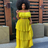 Fongt Autumn And Winter Dress Yellow Chiffon Shoulder-To-Shoulder Repair Beach Holiday 100-Fold Dress