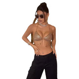 Fongt Women's Nightclub Low Chest Exposed Back Chain Sling Deep V Crop Tassel Vest