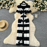 Fongt Fragrant Style High-End Hair-Side V-Neck Short-Sleeved Knitted Dress Women's Summer Waist Single Buckle-Clove Long Dress