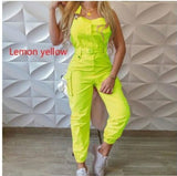 Fongt Women's Work-Packed Pocket Design Jumpsuit Sleeveless Backs And Trousers Simple Restraints Trousers +