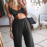 Fongt Summer New Women's Printed Sexy Breasts Loose Broad Leg Pants Two Sets