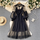 Industry Three-Dimensional Flower Net Gauze Temperament Standing Collar Lantern Sleeves High Waist Show Thin Sling Two Set Fairy Dress-Outfit