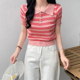 Chic Chromic Design With A Chic Polo Collar Knitted Shirt For Women's Summer T-Shirt Striped Short